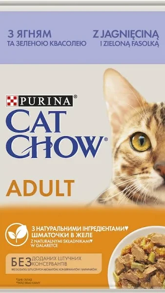 Cat Chow Adult. З ягням та зеленою квасолею в желе 85 г.