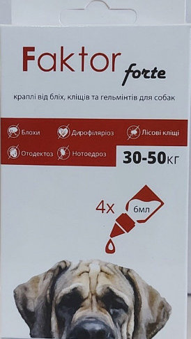 Краплі Faktor forte для собак 6мл 30-50кг від бліх, кліщів, гельмін (4шт/уп) 1шт
