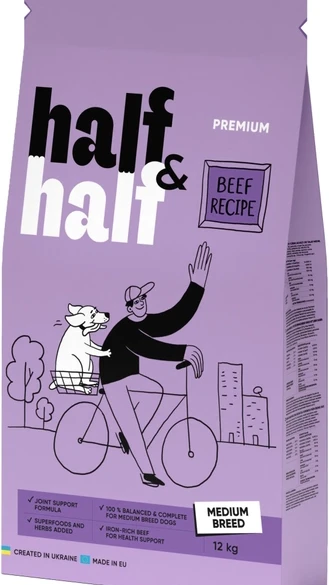 Корм сухий Half&Half для дорослих собак середніх порід із яловичиною 12 кг