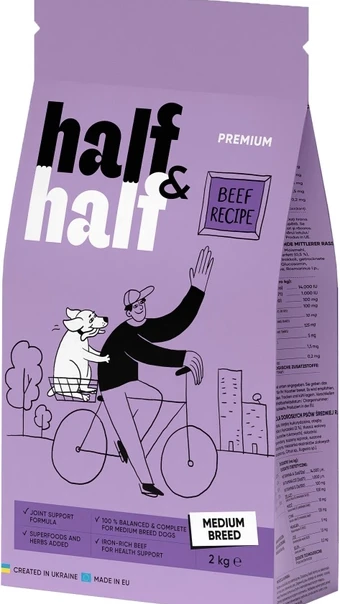 Корм сухий Half&Half для дорослих собак середніх порід із яловичиною 2 кг
