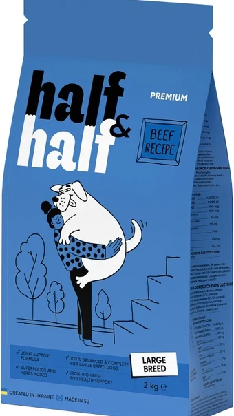 Корм сухий Half&Half для дорослих собак великих порід із яловичиною 2 кг