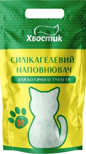 Наповнювач Хвостик 10л силікагель дрібний з зеленими гранулами