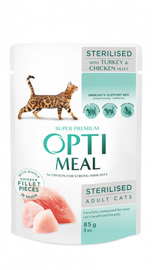 OPTIMEAL  вологий корм для стерилізованих котів з індичкою та курячим філе у соусі 0,085 кг